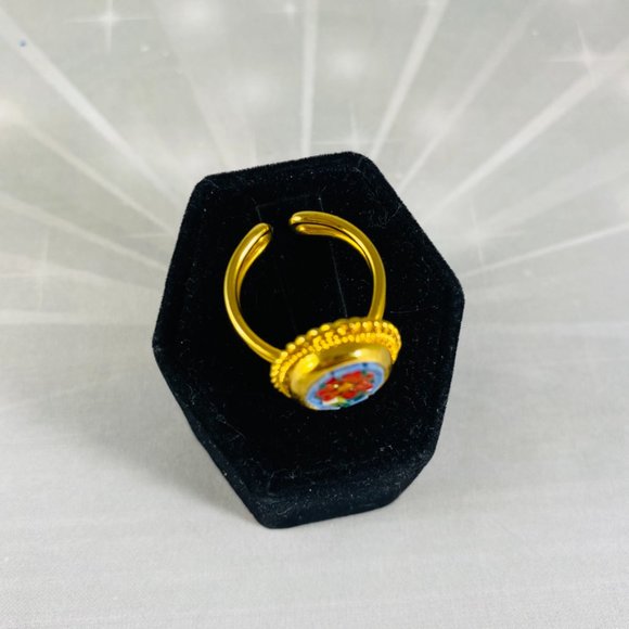 Petite millefiori, Italian gold tone, adjustable red Posey ring made in Italy - Picture 2 of 4